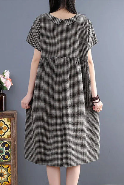 Summer Retro Loose Shirt Skirt Plaid Cotton Linen Dress