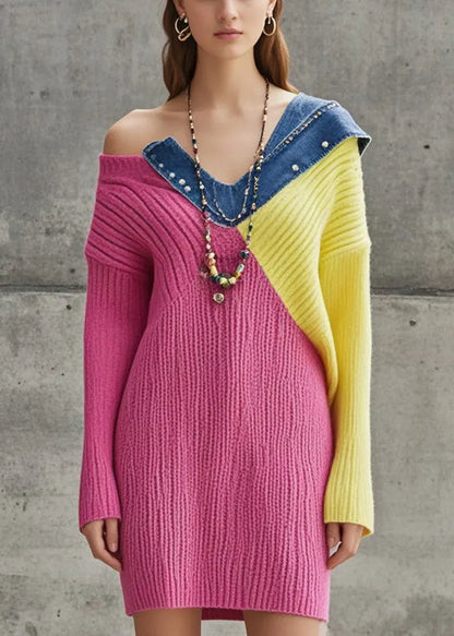 Fine Rose One Shoulder Patchwork Denim Knitwear Dress Fall