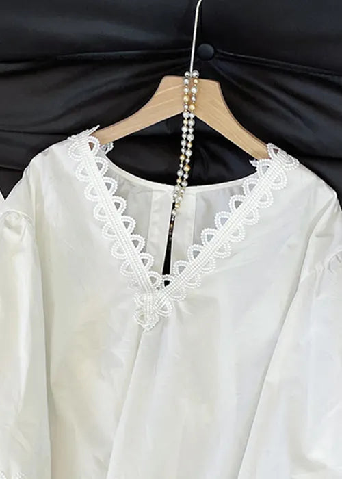 Original Design White V Neck Bow Hollow Out Cotton Shirts Fall