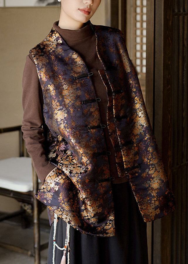 New Retro Black Jacquard Oriental Button Fine Cotton Filled Vest Sleeveless