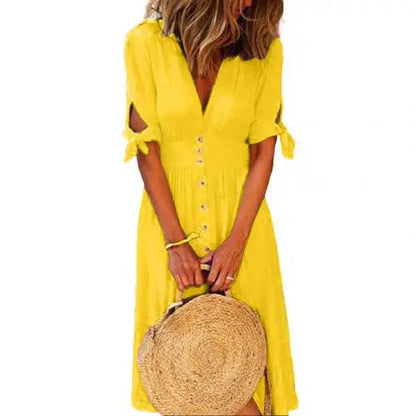 Color Deep V Neck Tied Half Sleeve Button Party Long Dress Summer Party Female Clothes Vestidos