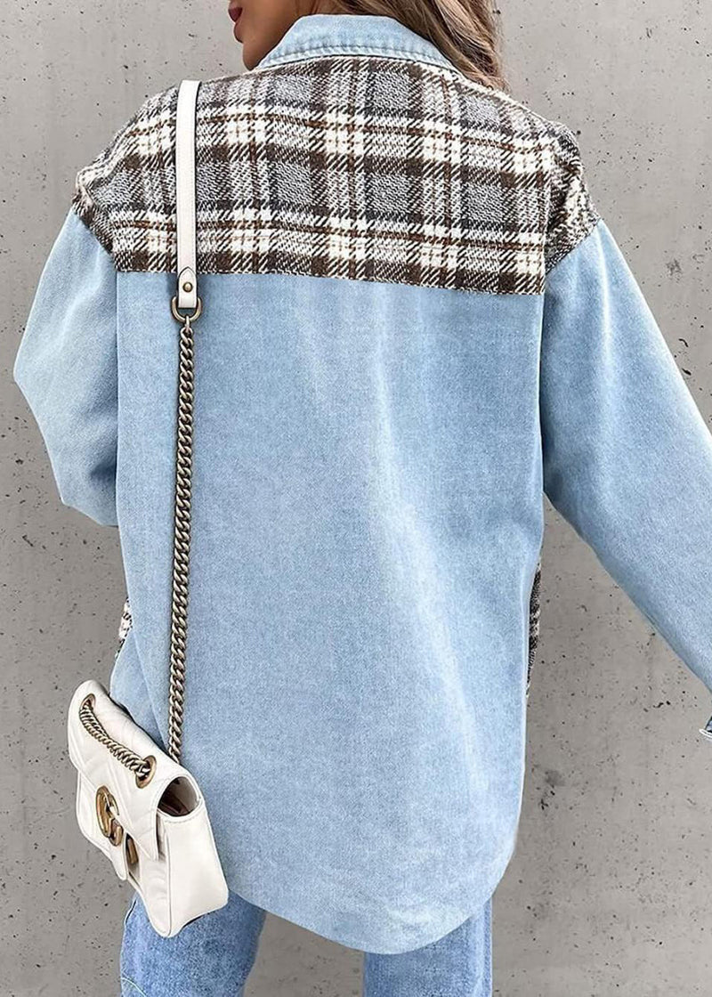 Loose Light Blue Peter Pan Collar Plaid Patchwork Denim Jackets Fall