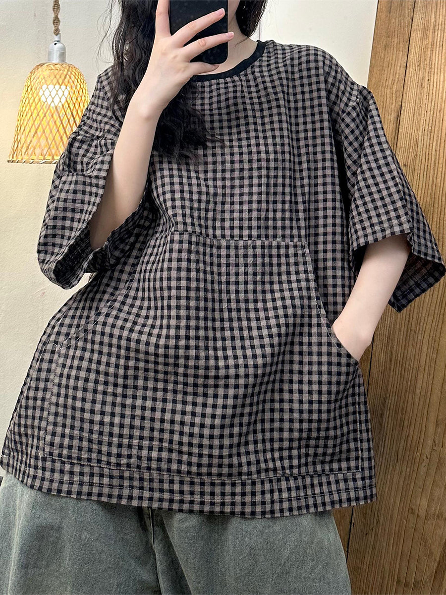 Summer Plaid Spliced Linen Shirt