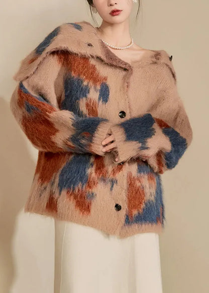Brown Print Button Cotton Knit Cardigan Winter