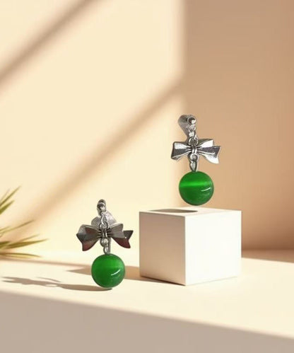 Green Copper Alloy Cat's Eye Stone Bow Drop Earrings
