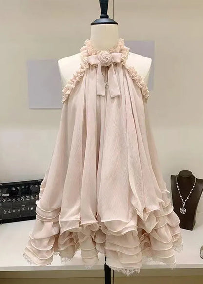 Pink Ruffled Lace Tulle Mini Dress Sleeveless