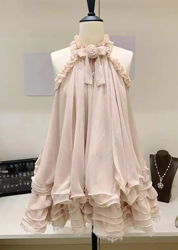 Pink Ruffled Lace Tulle Mini Dress Sleeveless