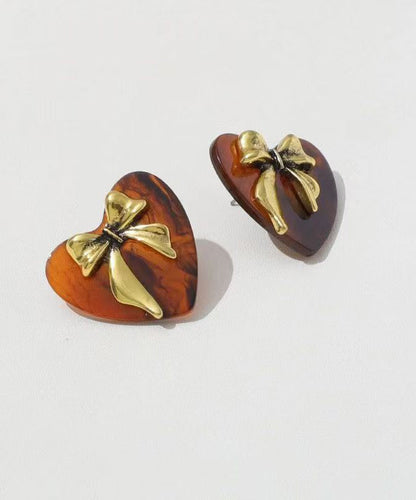 New Brown Sterling Silver Inlaid Love Acrylic Bow Stud Earrings