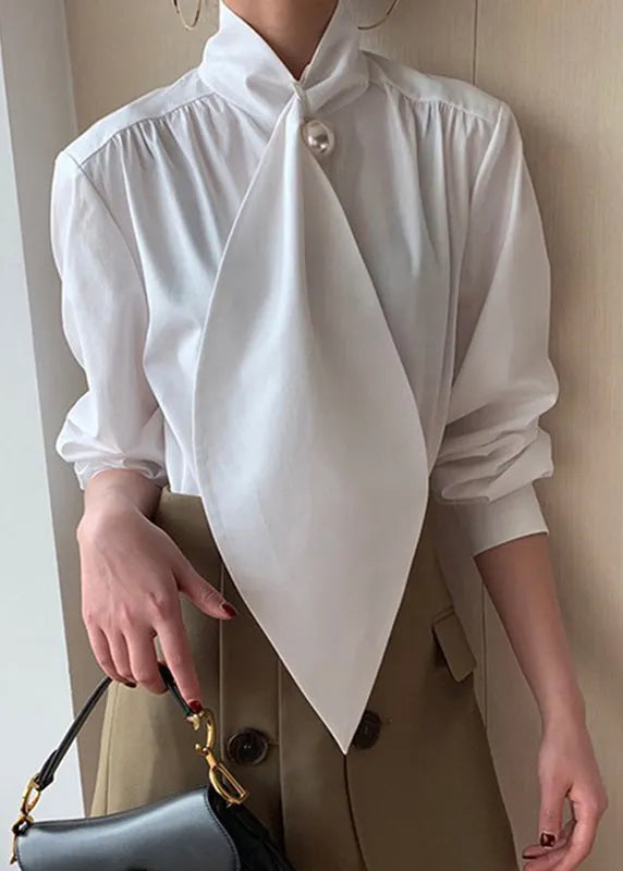 Classy White Bow Patchwork Cotton Shirts Spring