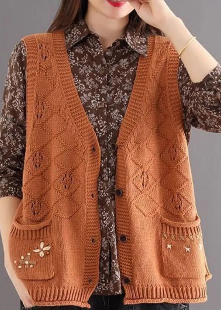 Orange V Neck Button Pockets Cotton Knit Waistcoat Sleeveless