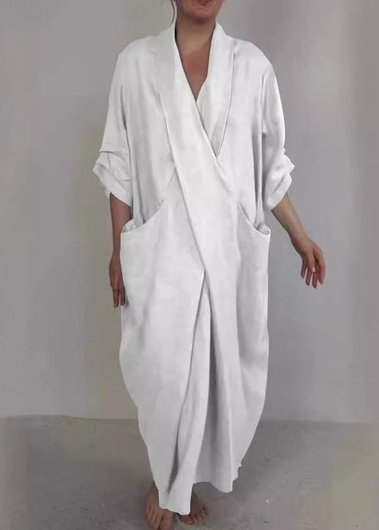 Loose White V Neck Pockets Patchwork Cotton Dress Fall