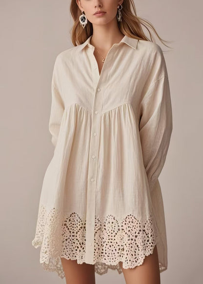 Apricot Oversized Hollow Out Cotton Long Shirts Spring