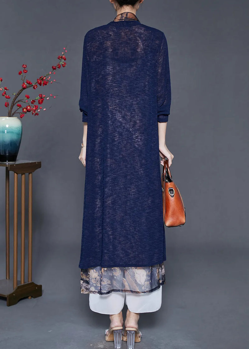 Navy Patchwork Silk Cardigan Fake Two Piece Summer
