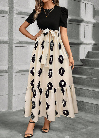 Italian Beige Grey O Neck Print Patchwork Cotton Dresses Summer