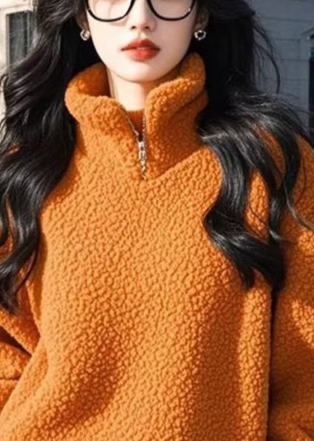 Orange Stand Collar Zip Up Fluffy Sweatshirt Winter