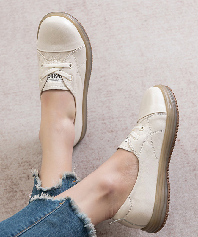 Beige Cowhide Leather Comfy Splicing Flat Shoes