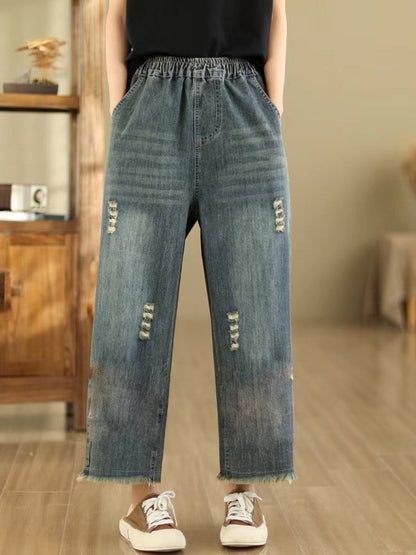 Summer Retro Embroidery Frayed Straight Denim Pants