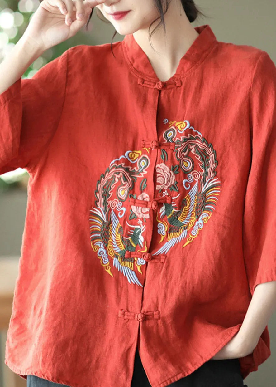 Diy Red Stand Collar Embroidered Linen Shirts Long Sleeve