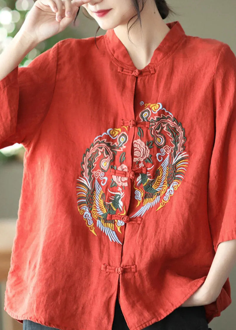 Diy Red Stand Collar Embroidered Linen Shirts Long Sleeve