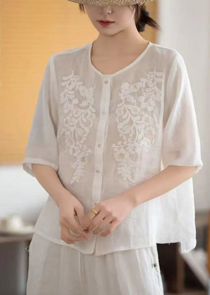 Grey Embroidered Linen Tops Half Sleeve