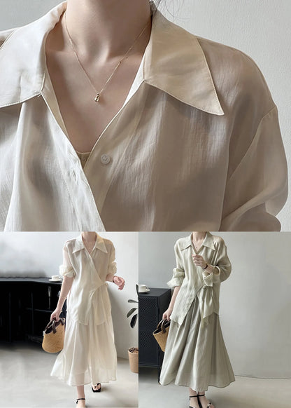 Beige Lace Up Shirts and Skirts Two Pieces Set Fall