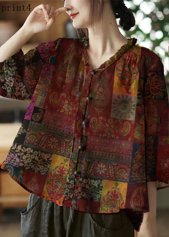 Pink-print5 V Neck Ruffled Print Linen Blouse Top Half Sleeve