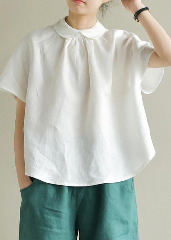 Simple White Peter Pan Collar Linen Shirt Summer