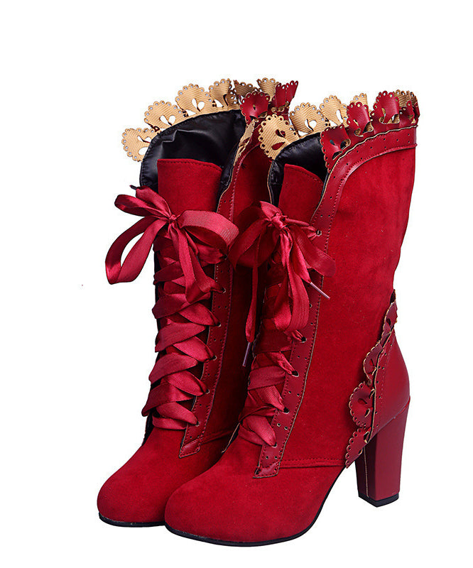 Stylish Black Suede Lace Cross Strap Splicing Chunky Heel Boots