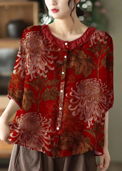 Simple Reddish Black O Neck Patchwork Print Linen Shirt Tops Half Sleeve