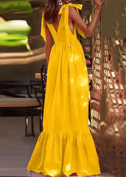 New Yellow V Neck Lace Up Patchwork Cotton Maxi Dress Summer