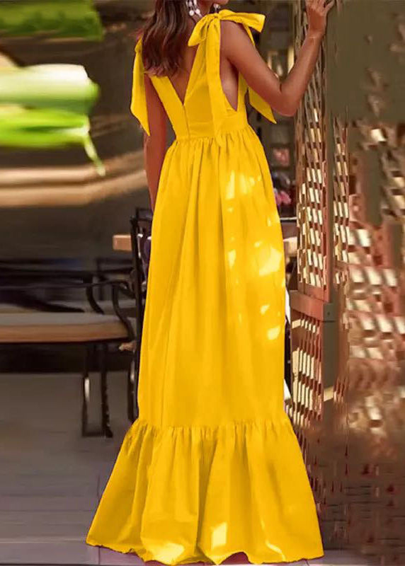 New Yellow V Neck Lace Up Patchwork Cotton Maxi Dress Summer