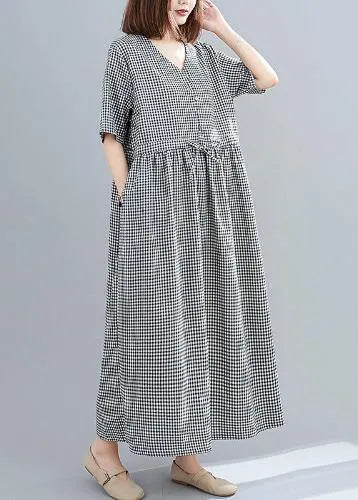 Simple Black Plaid Linen Cotton Dresses V Neck Drawstring Loose Dresses