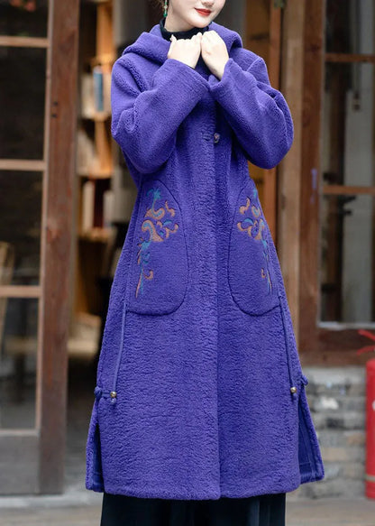 Purple Hooded Embroidered Tassel Teddy Faux Fur Coats Winter