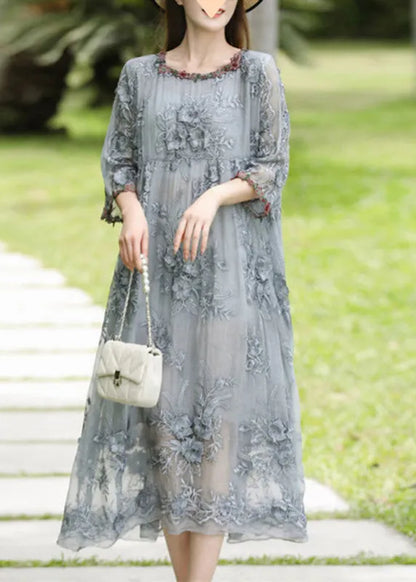 Grey O-neck Embroidered Silk Long Dresses Bracelet Sleeve