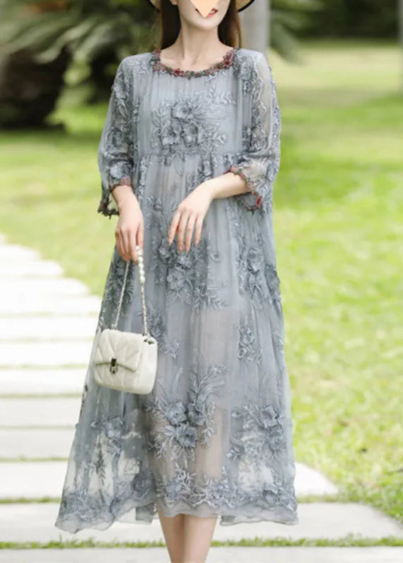 Grey O-neck Embroidered Silk Long Dresses Bracelet Sleeve