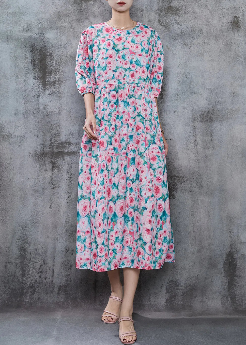French Pink Print Cotton Long Dress Summer