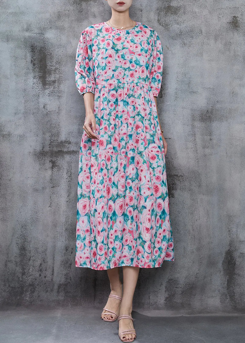 French Pink Print Cotton Long Dress Summer