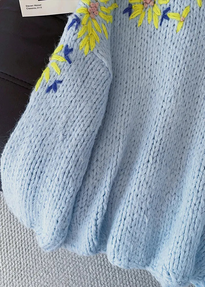 Fitted Blue Embroidered Thick Knitted Tops Fall