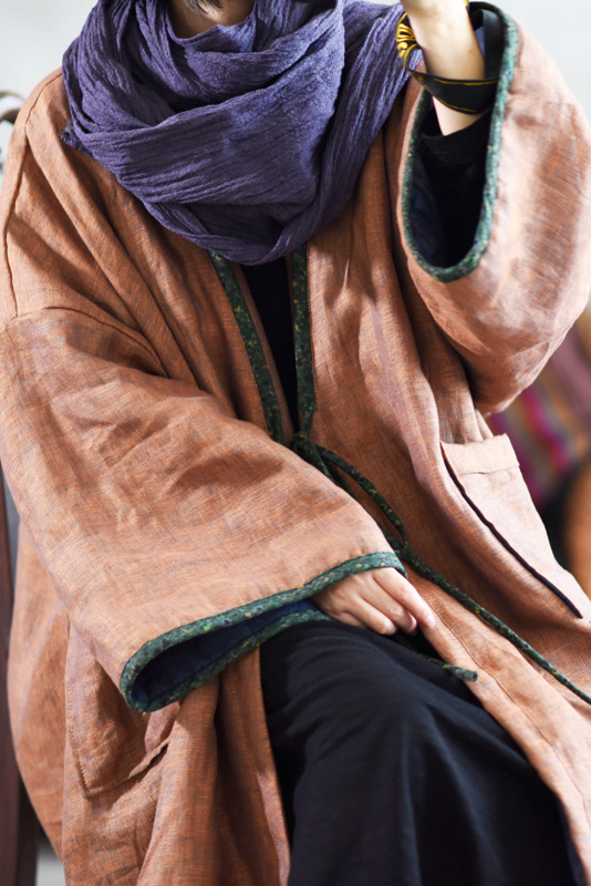 -retro Coffee Large Pocket Cardigan Cotton Linen Trench Coat