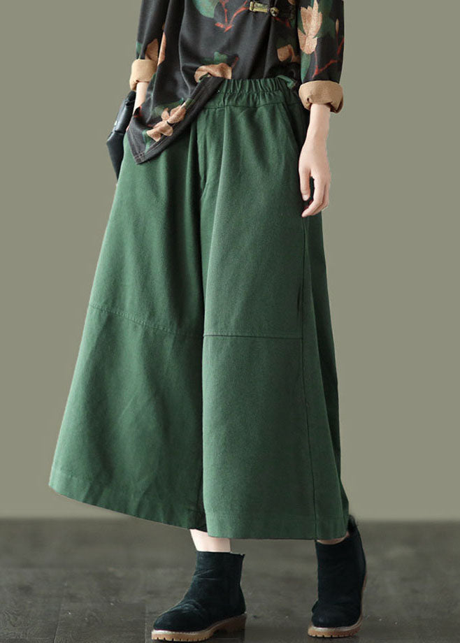 Unique Green Elastic Waist Patchwork Cotton Wide Leg Pants Spring