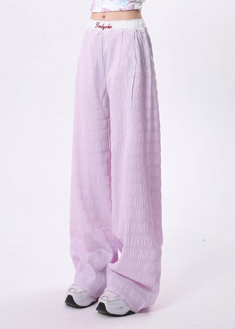 Blue Pockets Lace Patchwork Cotton Pants Spring