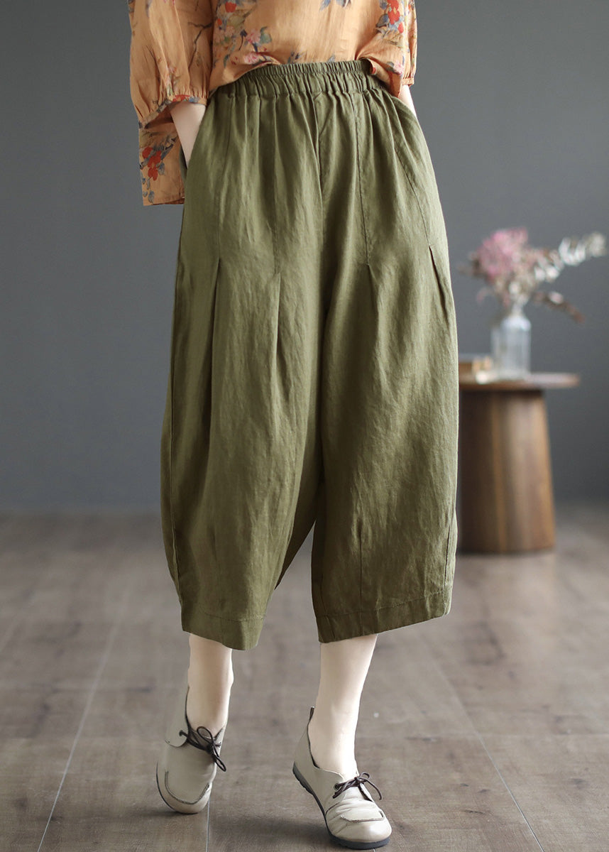 Army Green Pockets Elastic Waist Cozy Linen Wide Leg Pants Summer