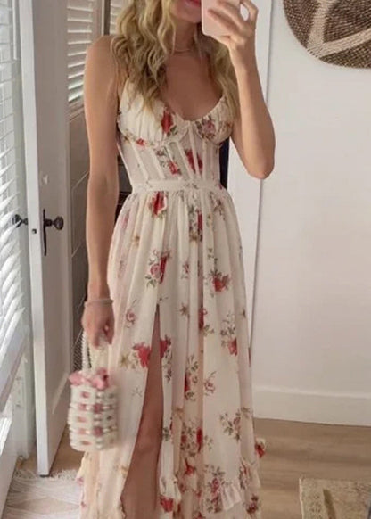 White Ruffled Print Side Open Cotton Long Dresses Sleeveless