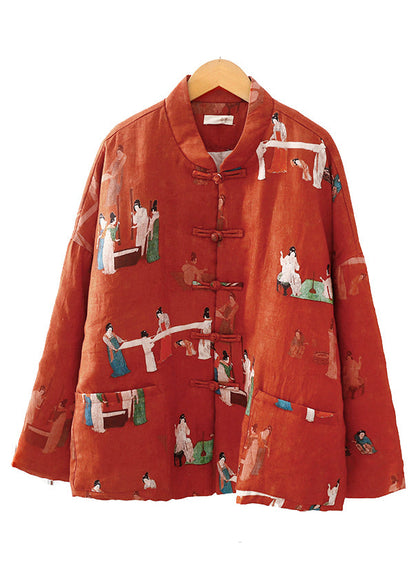 Orange Print Pockets Fine Cotton Filled Oriental Coats Winter