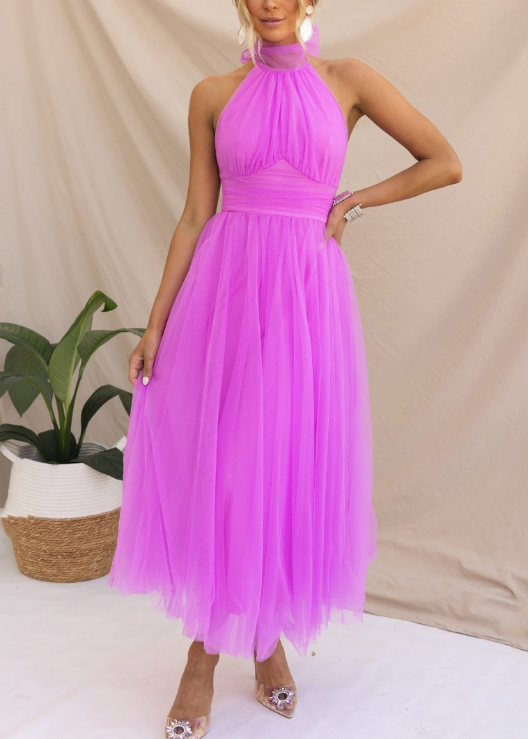 French Apricot Hign Neck Wrinkled Patchwork Tulle Dress Sleeveless