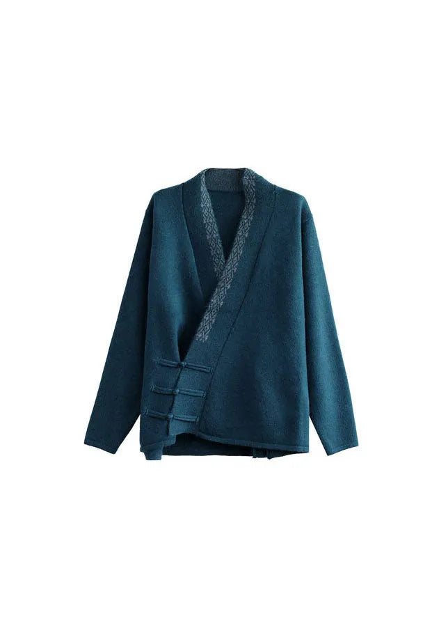 Blue Button V Neck Embroidered Woolen Coats Long Sleeve
