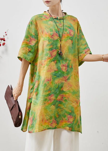 Green Tie Dye Linen Oriental Dress Summer