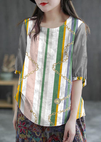 Pink Embroidered O-neck Half Sleeve Ramie Blouses Summer