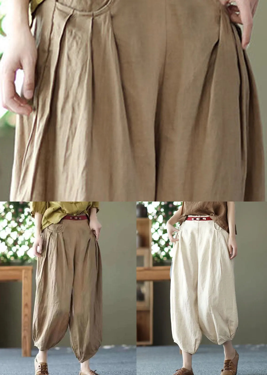 Beige Pockets Wrinkled Patchwork Linen Harem Pants Summer