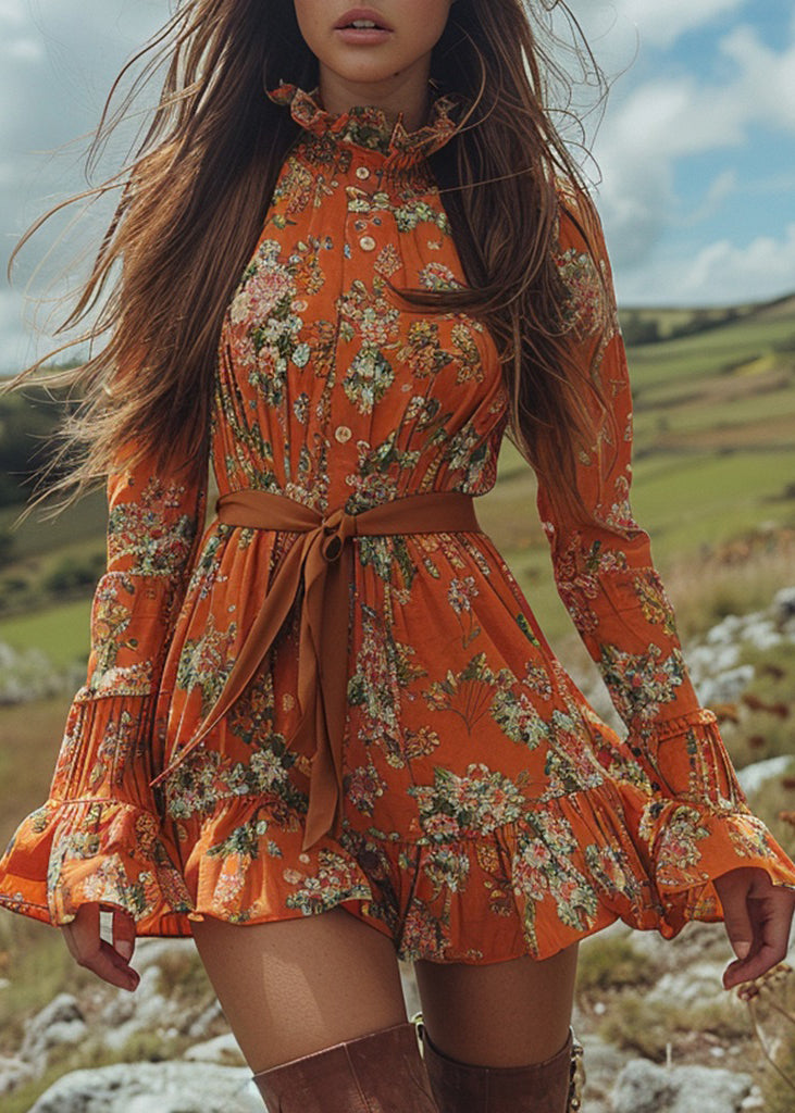 New Orange Ruffled Print Cotton Short Dress Long Sleeve